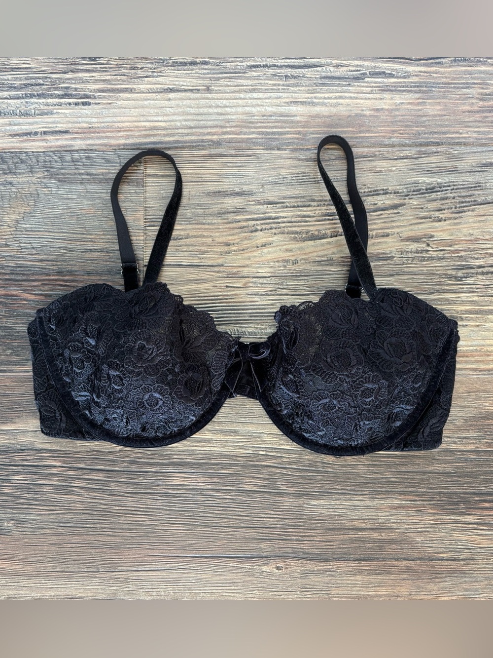 Vtg Victorias Secret Very Sexy Push-Up w/o Padding Bra 34DD Black Lace Velvet 09